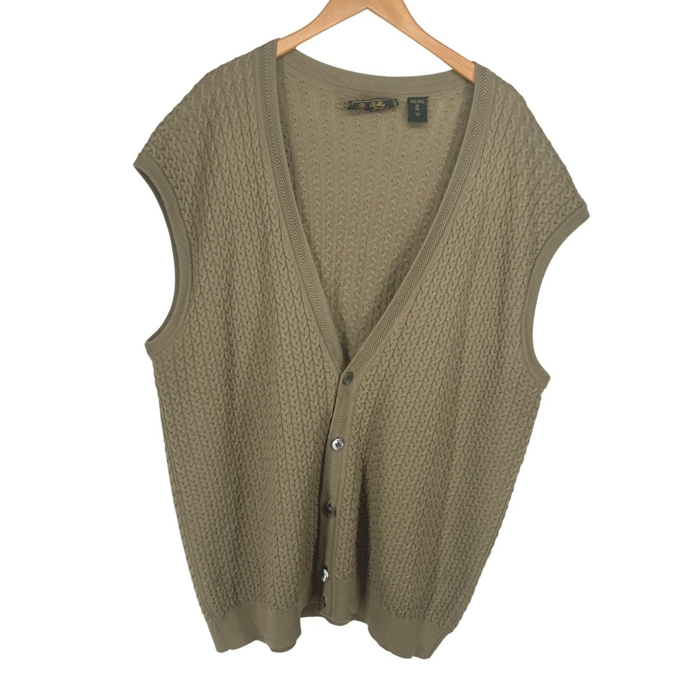 Vintage Mens Cable Knit Wool Button‎ Cardigan Sweater Vest XL Grandpa Dad Green
